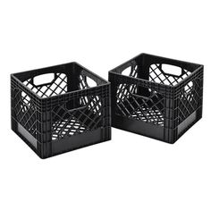 two black plastic crates sitting next to each other on a white background, one is empty and the other has no lid