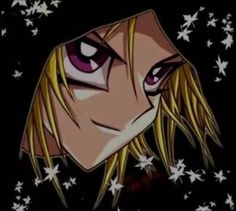 an anime character with long blonde hair and purple eyes is staring at the camera while surrounded by stars