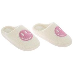 Size: Women's 8/9 (Large) Material: Fabric, Foam & Plastic Color: White & Pink Quantity: 1 Pair Keep those chilly toes nice and warm all winter long with these Pink Smiley Face Slippers! These adorable retro slippers have a soft white body with a pink embroidered smiley face on top. Plus, each face has a glittery finish that adds extra sparkle. Wear these comfy slippers yourself, or give them as a present to a loved one this holiday season! Pink Smiley Face Slippers, Embroidered Smiley Face, Smiley Face Slippers, Pink Smiley Face, Pink Smiley, Comfy Slippers, Christmas Fashion, Christmas Jewelry, Smiley Face