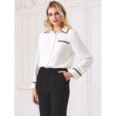 This women's button-down shirt from Hobemty offers a formal and elegant look perfect for fall weather. The shirt features a tweed trim, button-down closure, turn-down collar, and solid color, making it ideal for an office setting. It can be paired with formal dressy pants for a chic office look and is comfortable and casual enough to be worn on its own or as a layer under a blazer or jacket. This solid blouse is versatile, and suitable for a variety of occasions including work, meetings, parties Elegant Fall Blouse With Striped Collar, Classic Striped Collar Blouse For Fall, Fall Button-up Blouse With Striped Collar, Classic Fall Blouse With Striped Collar, Button-up Blouse With Striped Collar For Fall, Classic Blouse With Striped Collar For Fall, Classic Formal Blouse With Striped Collar, Elegant Fall Blouse With Placket, Elegant Office Blouse With Striped Collar