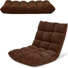 a brown futon lounge chair and ottoman with the seat cushion up to one side