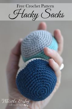 two crocheted balls in the palm of someone's hand with text overlay that says free crochet pattern hacky sacks