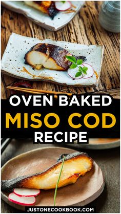 two plates with food on them and the words oven baked miso - cob recipe