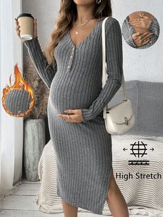 1pc Women Elegant V-Neck Button Decor Long Sleeve Bodycon Maternity Dress, Autumn Dark Grey Casual  Long Sleeve Knitted Fabric Plain Bodycon Medium Stretch  Maternity Clothing, size features are:Bust: ,Length: ,Sleeve Length: Autumn Dark, Body Shaper Corset, Casual Maternity, Knitted Bodycon Dress, Maternity Clothing, Women's Shapewear, Long Sleeve Bodycon, Kids Sleepwear, Inspiration Mode