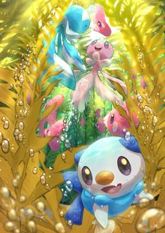 two pokemons are standing in the middle of some plants and flowers, with bubbles all around them