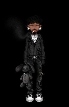 a man standing next to a stuffed animal on a black background in the dark with no one around him