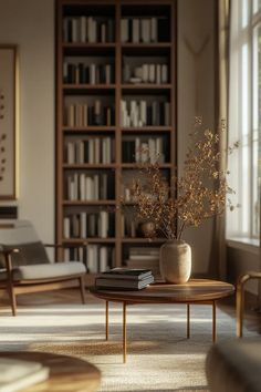 a living room filled with furniture and a book shelf