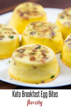 keto breakfast egg bites on a white plate with text overlay that reads, keto breakfast egg bites