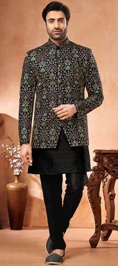 Black and Grey color Jodhpuri Suit in Banarasi Silk fabric with Embroidered, Thread work Formal Unstitched Traditional Wear With Printed Motifs, Traditional Wear With Printed Motifs For Formal Occasions, Formal Anarkali Dupatta With Printed Motifs, Formal Festive Dupatta With Printed Motifs, Festive Black Semi-stitched Bandhgala, Black Embroidered Fabric For Designer Wear During Eid, Black Long Sleeve Bandhgala With Chikankari Embroidery, Black Embroidered Fabric For Designer Wear, Black Kurta With Zari Work For Festivals