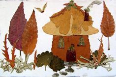 an image of a house made out of paper with leaves and birds flying around it