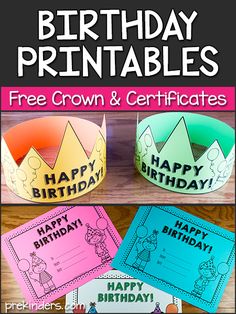 three birthday crowns with the words happy birthday printables and free crown and certificate