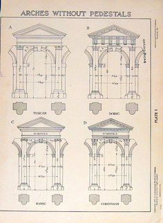 an old book with drawings of arches and pillars on it's cover, showing the measurements