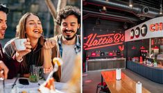 two photos side by side, one with people eating and the other has food in it