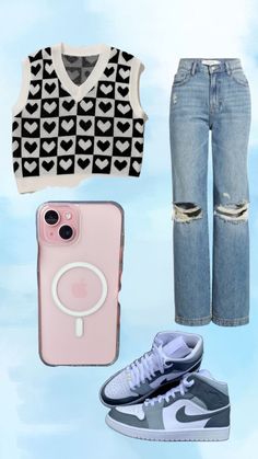 a pair of jeans, sweater and sneakers are featured in this fashion post with an iphone case