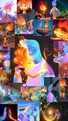 many different images of cartoon characters in the same photo, one with an orange and blue hair