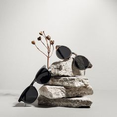 Still life, blocks of briks with dead nature and barner sunglasses Sunglass Photography, 1 Color Palette, Sunglass Photoshoot, Musical Dress, Tribe Fashion, Eyewear Photography, Vignette Styling, Funky Sunglasses, Light Fashion