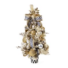 MacKenzie-Childs | Glam Up Tabletop Tree Glitter Leaves, Faux Snow, Gold Filigree, Ceramic Pot, Winter Decor