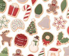 an assortment of christmas cookies and decorations on a white background with snowflakes, stockings, trees, santa hats, mittens