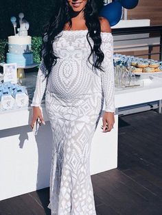 Momyknows White Lace Sequin Off Shoulder Mermaid Bodycon Wedding Gown Baby Shower Elegant Foamal Maternity Photoshoot Maxi Dress Fitted Maternity Dress With Mermaid Hem, White Long Sleeve Maternity Dress For Party, Elegant White Maternity Gown, Maternity Mermaid Hem Dress For Wedding, White Maxi Maternity Dress For Wedding, Elegant Fitted Maternity Dress For Baptism, White Maxi Length Maternity Dress For Wedding, Fitted Floor-length Maternity Gown, White Fitted Floor-length Mermaid Dress