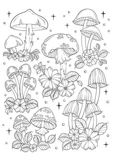 a coloring page with mushrooms and flowers