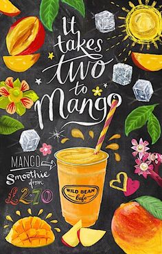 a chalkboard drawing with fruit and ice cream on it, says it takes two to mango