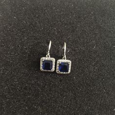 White Gold Gp 1 Carat Blue Sapphire Princess Cut Each Earring White Sapphire Side Stones Lever Back A Gorgeous Velvet Pouch Included Blue Sterling Silver Earrings For Evening, Classic Blue Jewelry For Evening, Small Silver Earrings, Coach Earrings, Sapphire Side Stones, Gold Chic, Abalone Earrings, Halo Earrings, Agate Earrings