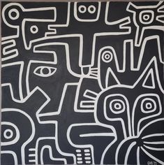 a black and white painting with abstract designs on it's sides, including cats