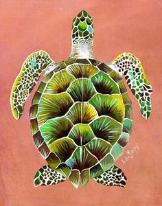 a painting of a green turtle on a pink background