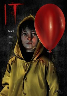 a painting of a child holding a red balloon with the words it written on it