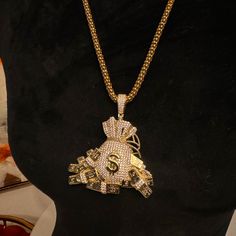 Large Money Bag Pendant. Triple 24k Gold Plated. Will Last For Years! Crystal Encrusted With 18 Inch Chain Gold Bags With Adjustable Chain For Gift, Get Money, Graduation Outfit, Exclusive Jewelry, Money Bag, How To Get Money, Trinidad, Gold Pendant, Womens Jewelry Necklace