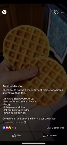 someone holding two waffles in their hand with the recipe below them on it