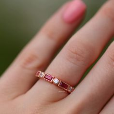 Classic 14k Rose Gold Ruby Ring For Anniversary, Classic Rose Gold Ruby Ring For Anniversary, Stackable Rose Gold Ruby Ring For Wedding, 14k Rose Gold Half Eternity Jewelry For Anniversary, Classic Half Eternity Ruby Ring For Wedding, Classic Wedding Ruby Ring With Half Eternity, Wedding Rose Gold Ruby Ring With Diamond Cut, Rose Gold Stackable Ruby Ring For Anniversary, Stackable Rose Gold Ruby Ring For Anniversary