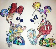 two mickey mouses with different designs on them