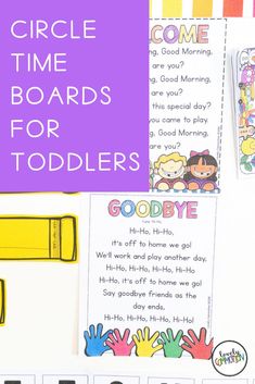 the words circle time boards for toddlers are displayed next to some handprinted pictures