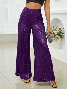 Purple Party Collar  Sequins Plain Wide Leg Embellished Slight Stretch All Women Clothing Sequin Bell Bottoms, Sequence Pants, Sequin Wide Leg Pants, Purple Sparkly Dress, Sparkly Pants, Sparkle Outfit, Gold Pants, Party Outfits For Women