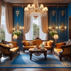 an elegant living room with blue walls and gold trimming on the windowsills