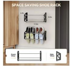 the space saving shoe rack has five pairs of shoes hanging on it's side