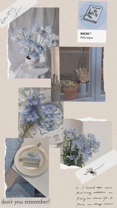 a collage of photos with blue flowers in vases and papers on the table