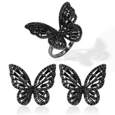 PRICES MAY VARY. 【DESIGN CONCEPT】Black represents mystery and nobility, and butterfly symbolizes beauty and freedom. The statement black butterfly earrings ring set is the best choice for avantgarde women. The AAA+ black cubic zirconia cut by diamond is inlaid on the butterfly, always reflecting the mysterious luster. The large black butterfly ring earrings can be matched with your Gothic style, retro black skirt, Halloween earrings for women and daily casual wear to break the dull wearing. 【QUA Black Butterfly Earrings, Black Jewelry For Valentine's Day Party, Black Jewelry For Valentine's Day Birthday, Black Jewelry For Birthday On Valentine's Day, Black Jewelry For Mother's Day, Gold Butterfly Necklace, Mother's Day Jewelry, Butterfly Necklace Gold, Goth Earrings