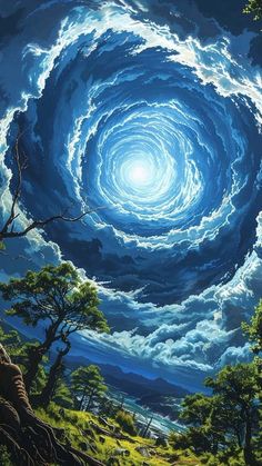 a painting of a blue swirl in the sky