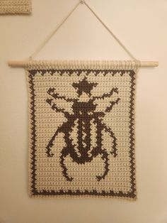 a crocheted wall hanging with a bug on it's front and back