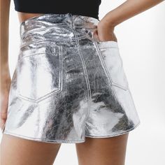 Crackle Faux Leather Shorts Metallic Nasty Gal Let Your Legs Out. Feel Fierce In Our Shorts, Made In High Quality Faux Leather Fabric, With A Unique Metallic Colorway And A Flattering High Waistline. Style With A Bralette Or Crop Top And Chunky Boots For A Look That Will Take You From Nights Out To Festivals And Gig Nights. Crackle Faux Leather Shorts High Quality Faux Leather Stellar Fitted Silhouette Unique Metallic Colorway Flattering High Waistline Pocket Features Model Wears A Size M (Us Si Fitted Shiny Short Bottoms, Glamorous Shiny Summer Bottoms, Shiny High Waist Bottoms For Fall, High Waist Shiny Bottoms For Fall, Fall Shiny High Waist Bottoms, Shiny Summer Bottoms Shorts, Shiny Shorts For Summer Night Out, Shiny Shorts For Night Out In Summer, Shiny Short Bottoms For Party