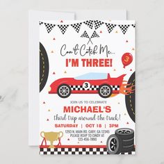 a birthday party card with a race car on the road and balloons in the air