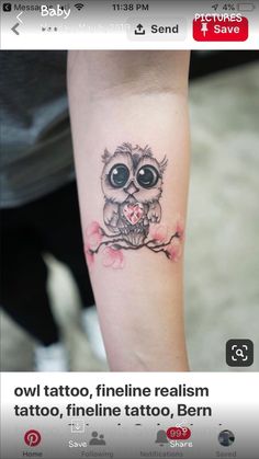 an owl tattoo is shown on the left arm, and it's in pink flowers