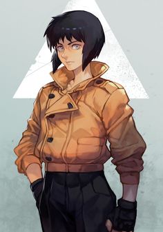 an anime character with black hair and brown jacket