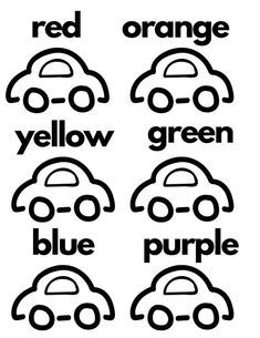 four cars with the words red orange yellow green blue purple