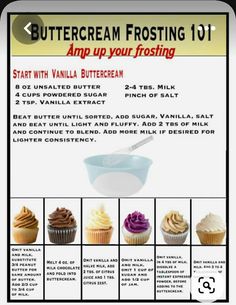 an advertisement for buttercream frosting with instructions to make cupcakes and muffins