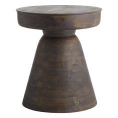 an old wooden table with a metal base on it's legs, against a white background