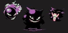 three pixel style cats with different colors and sizes on their faces, one is black the other is purple