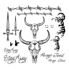 an animal skull with horns and swords on it's head, surrounded by barbed wire